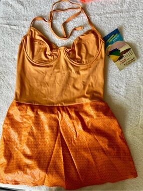 Women's Orange Halter with sequiny Skirted One-Piece Swimsuit